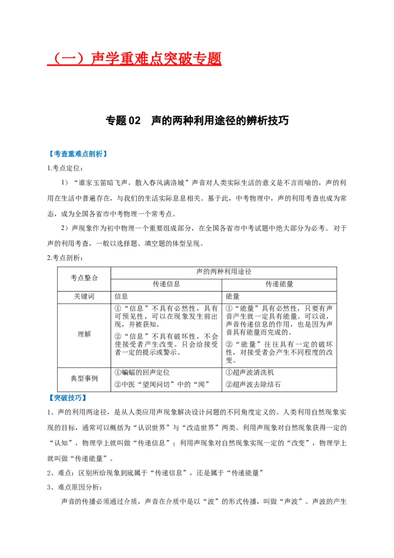 专题02声的两种利用途径的辨析技巧(原卷版)_8、物理总复习_8.中考物理总复习_2023年中考复习资料_专项复习_2023年中考物理重难点瓶颈突破（难点剖析+真题汇编+原创预测）（全国通用）