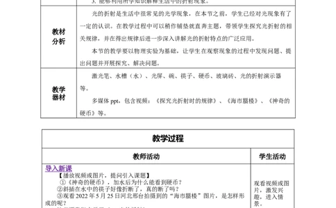 4.4光的折射（教学设计）-（人教版）_初物_八年级上下册+九年级全一册物理_八年级物理上册_老课标资料_教学设计