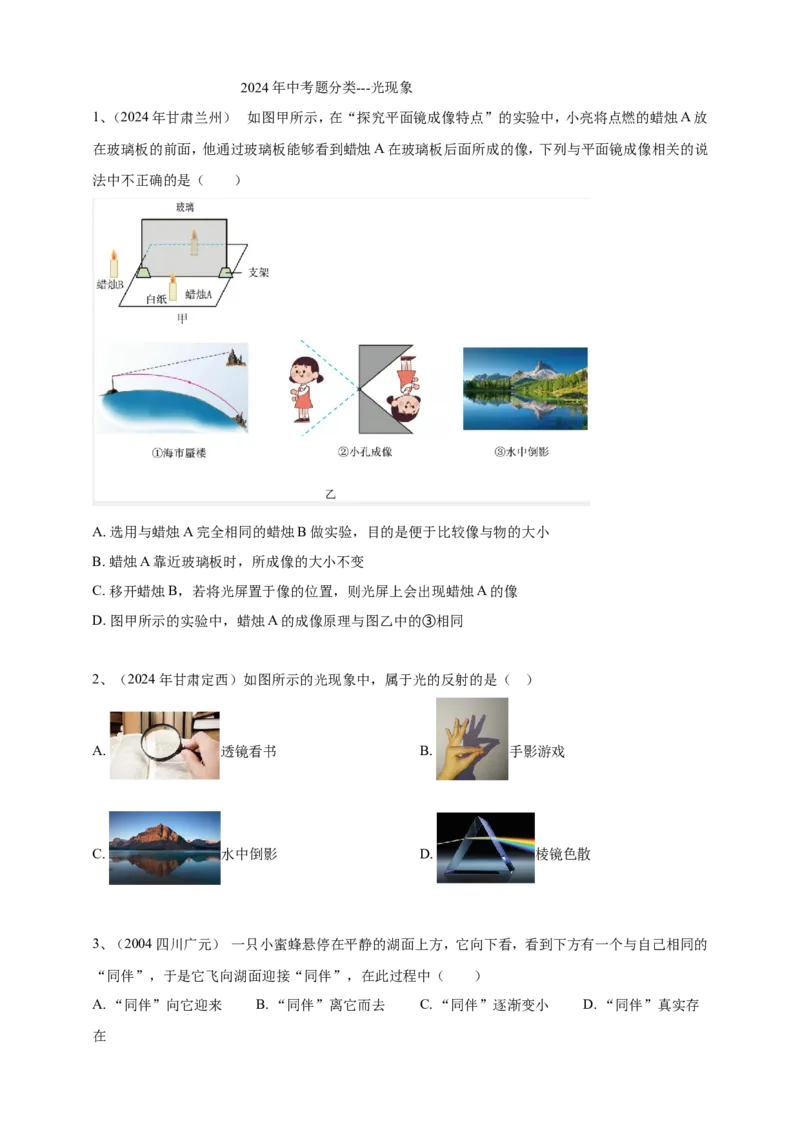 2024年中考物理分类汇编---光现象_8、物理总复习_2025年中考复习资料_备考20252024年中考物理真题分类汇编（原卷版+解析版）_2.光现象试卷（含解析）备考2025年中考2024物理真题分类汇编