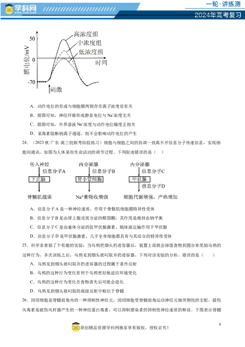 第八单元稳态与调节（测试）（原卷版）_2024年新高考资料_1.2024一轮复习_2024年高考生物一轮复习讲练测（新教材新高考）