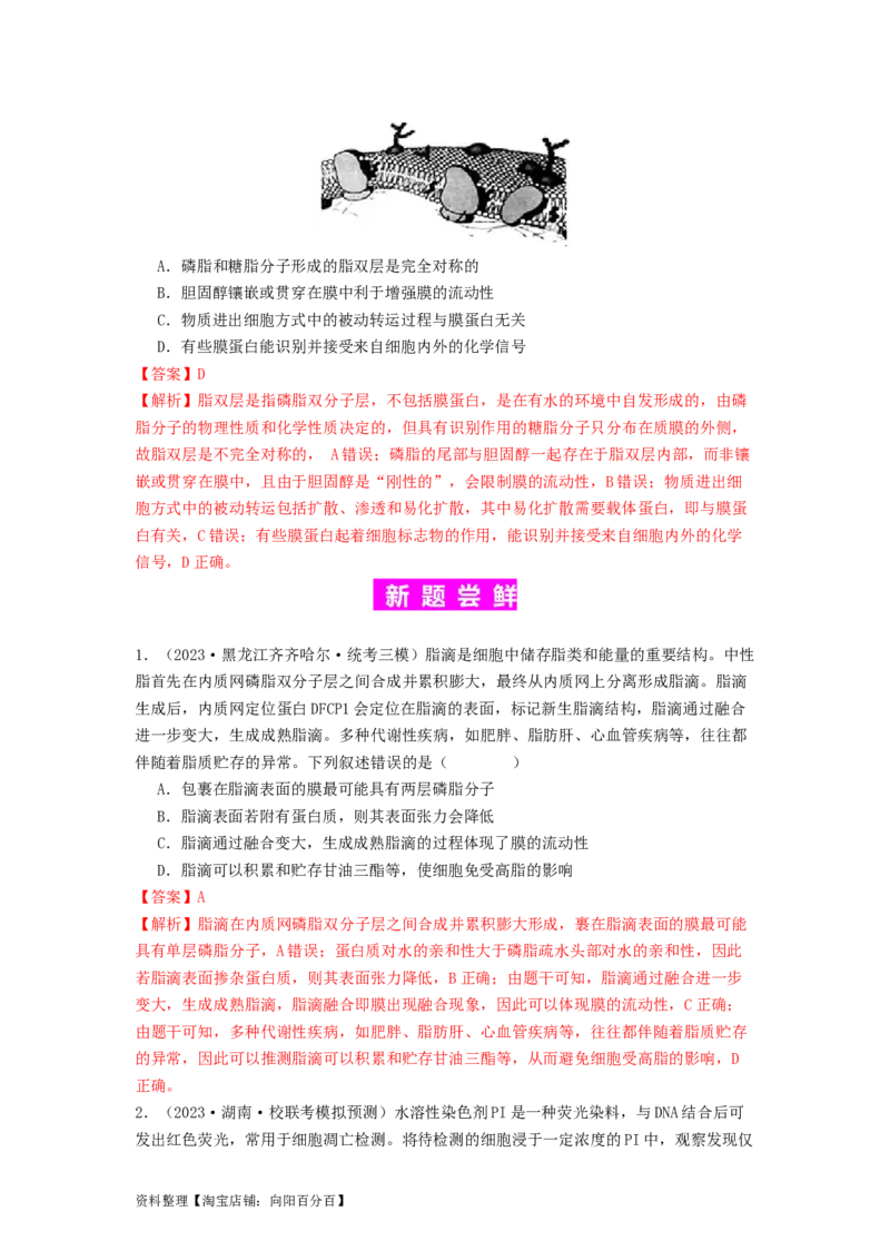 专题05细胞膜与细胞核（解析版）_通用版（老高考）复习资料_2024年复习资料_完备战2024年高考生物一轮复习抢分特训（全国通用）_教师版（含答案解析）