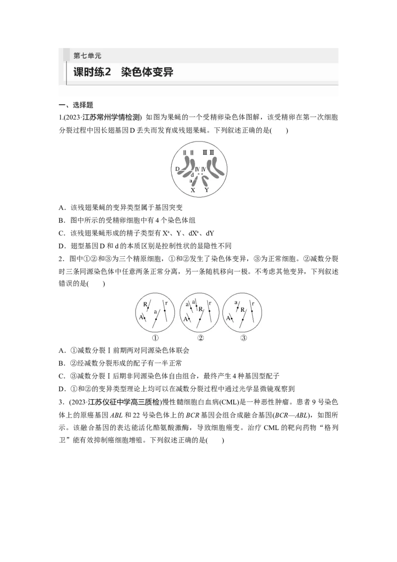 第7单元　课时练2　染色体变异_2024年新高考资料_1.2024一轮复习_2024年高考生物一轮复习讲义（新人教版）_学生版在此文件夹_一轮复习69练_第七单元　生物的变异和进化