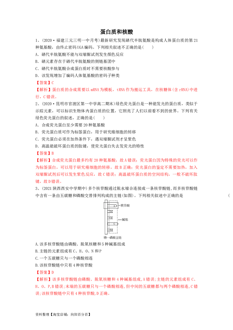 专题03蛋白质和核酸（精练）（解析版）_新高考复习资料_2024年新高考复习资料_一轮复习资料_完备战2024年高考生物一轮复习串讲精练（新高考专用）_精练_解析版
