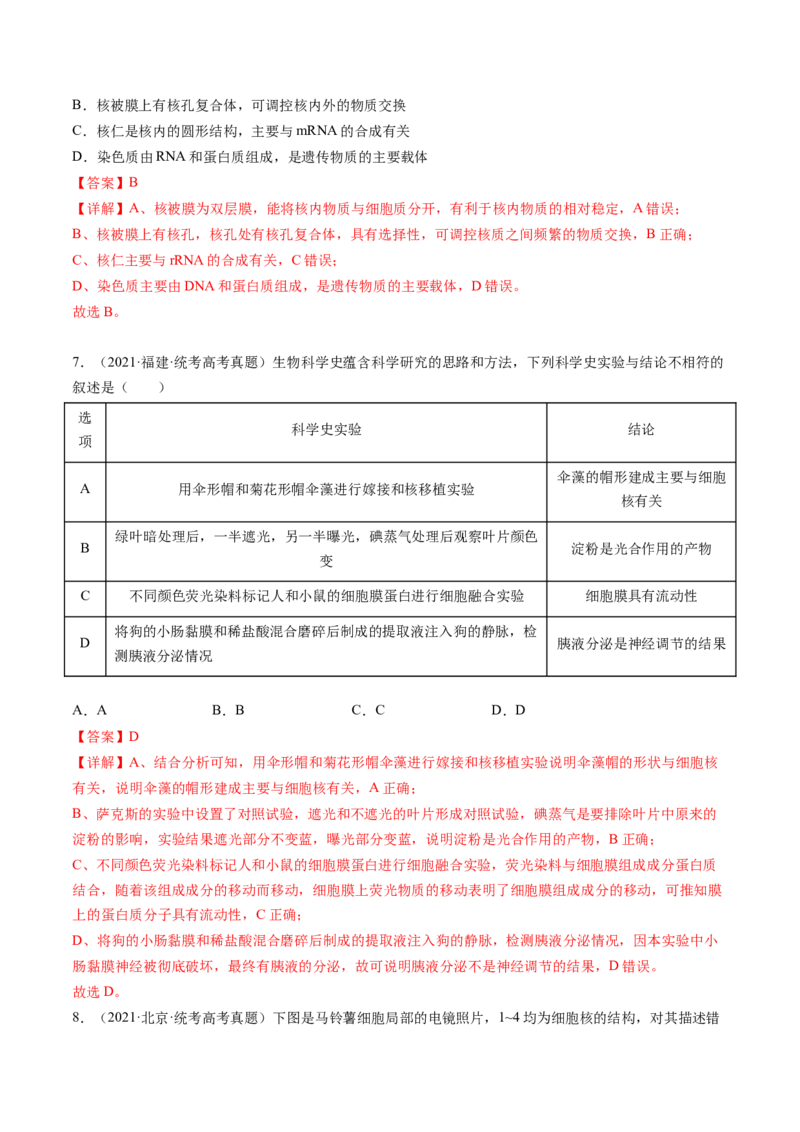 第5讲细胞膜和细胞核（练习）（解析版）_2024年新高考资料_1.2024一轮复习_2024年高考生物一轮复习讲练测（新教材新高考）
