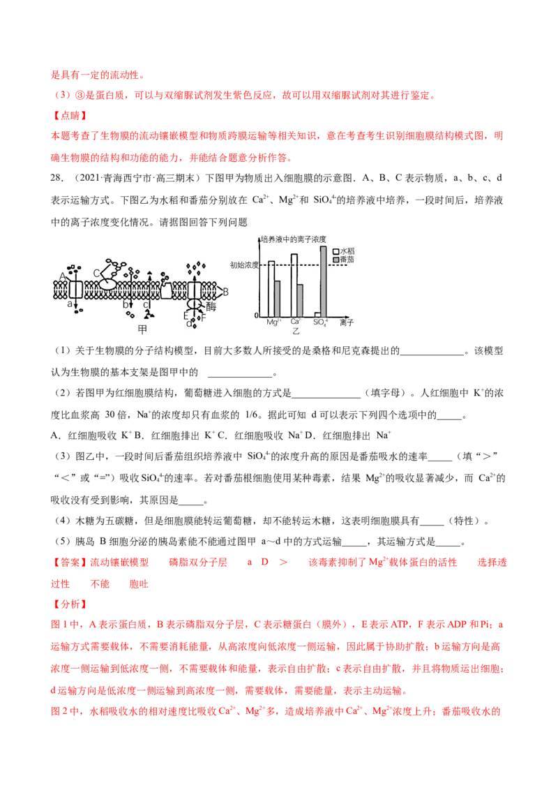 专题02物质进出细胞、酶和ATP-2021年高考真题和模拟题生物分项汇编（解析版）_新高考复习资料_2022年新高考复习资料_2021年高考真题和模拟题生物分项汇编7.30更新