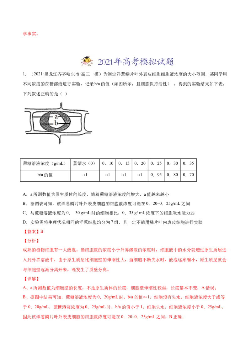 专题02物质进出细胞、酶和ATP-2021年高考真题和模拟题生物分项汇编（解析版）_新高考复习资料_2022年新高考复习资料_2021年高考真题和模拟题生物分项汇编7.30更新