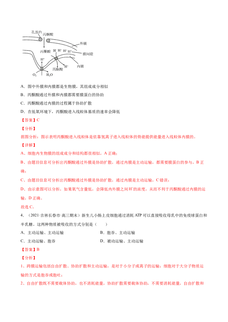 专题02物质进出细胞、酶和ATP-2021年高考真题和模拟题生物分项汇编（解析版）_新高考复习资料_2022年新高考复习资料_2021年高考真题和模拟题生物分项汇编7.30更新