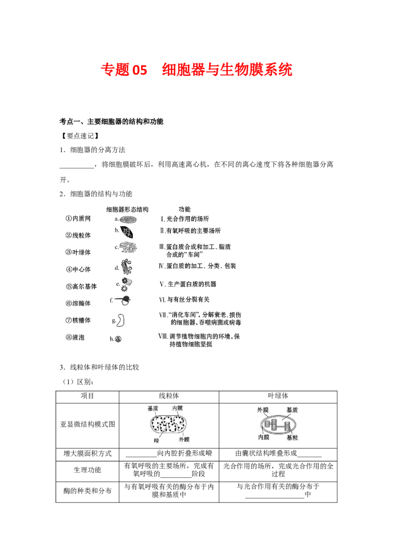 专题05细胞器与生物膜系统(教师版)_新高考复习资料_2023年新高考复习资料_二轮复习_增分要点2023高考生物二轮复习专题解读和分层训练291073137