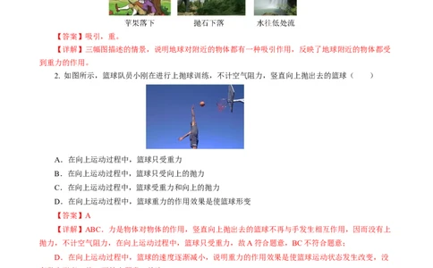7.3重力（分层作业）解析版_初物_八年级上下册+九年级全一册物理_八年级物理下册_分层作业（更新中）