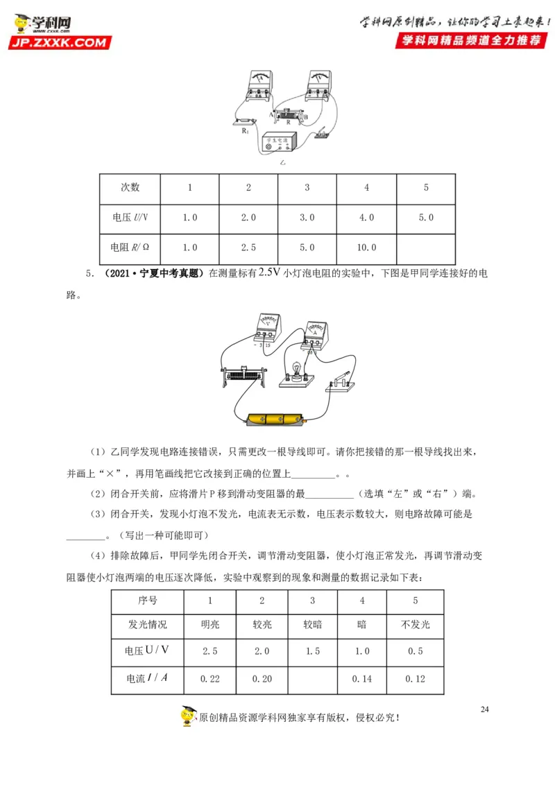 专项五电流与电压和电阻关系、电阻测量（原卷版）_8、物理总复习_8.中考物理总复习_2022年中考复习资料_三年（2019-2021）中考真题物理分项汇编（全国通用）