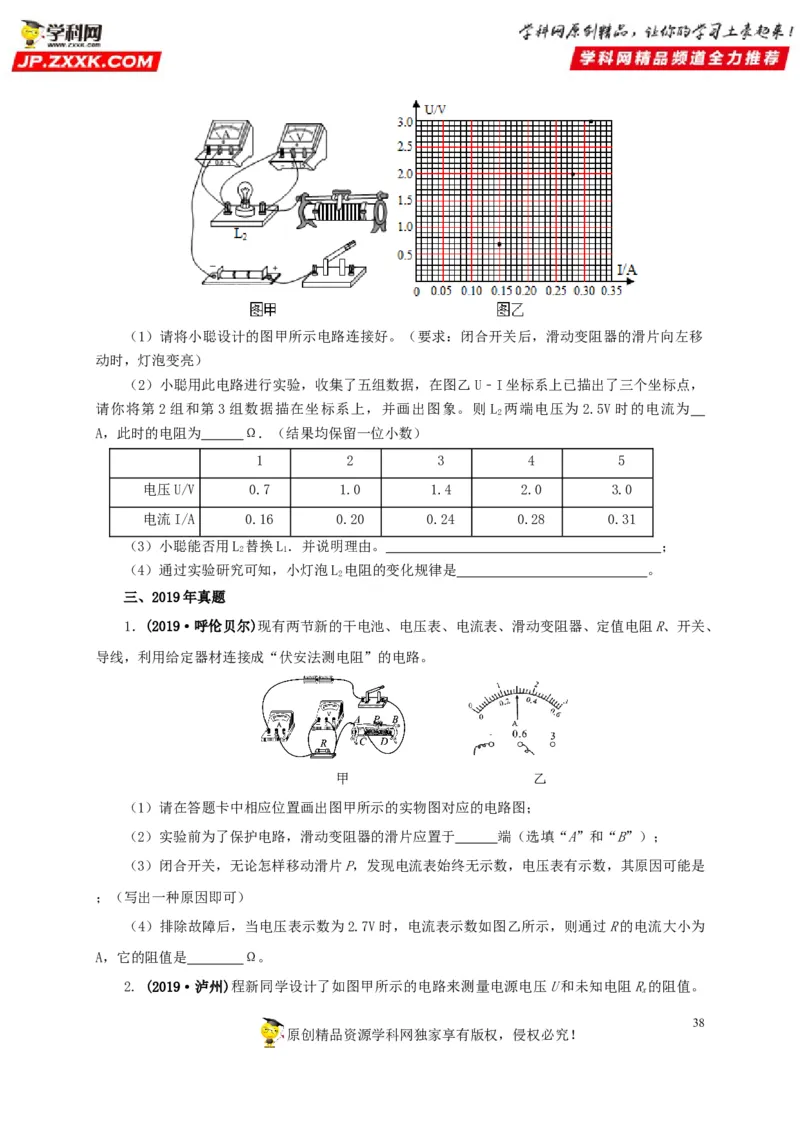 专项五电流与电压和电阻关系、电阻测量（原卷版）_8、物理总复习_8.中考物理总复习_2022年中考复习资料_三年（2019-2021）中考真题物理分项汇编（全国通用）