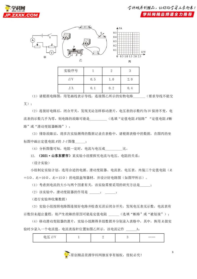 专项五电流与电压和电阻关系、电阻测量（原卷版）_8、物理总复习_8.中考物理总复习_2022年中考复习资料_三年（2019-2021）中考真题物理分项汇编（全国通用）