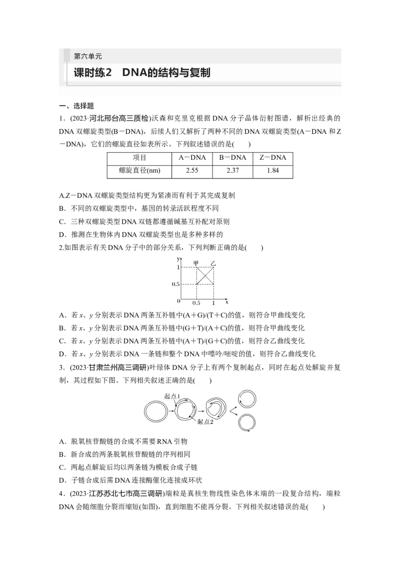 第6单元　课时练2　DNA的结构与复制_2024年新高考资料_1.2024一轮复习_2024年高考生物一轮复习讲义（新人教版）_学生版在此文件夹_一轮复习69练_第六单元　遗传的物质基础