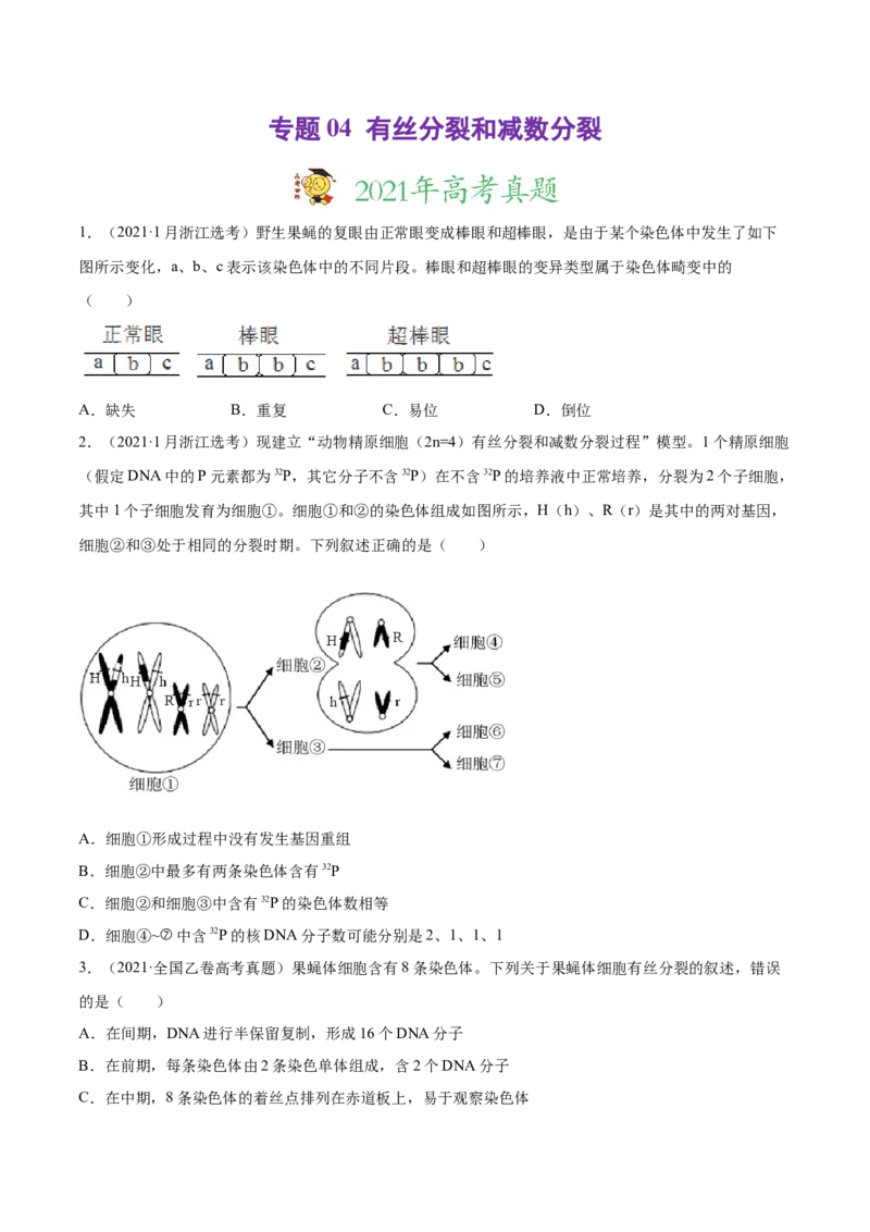 专题04有丝分裂和减数分裂-2021年高考真题和模拟题生物分项汇编（原卷版）_新高考复习资料_2022年新高考复习资料_2021年高考真题和模拟题生物分项汇编7.30更新