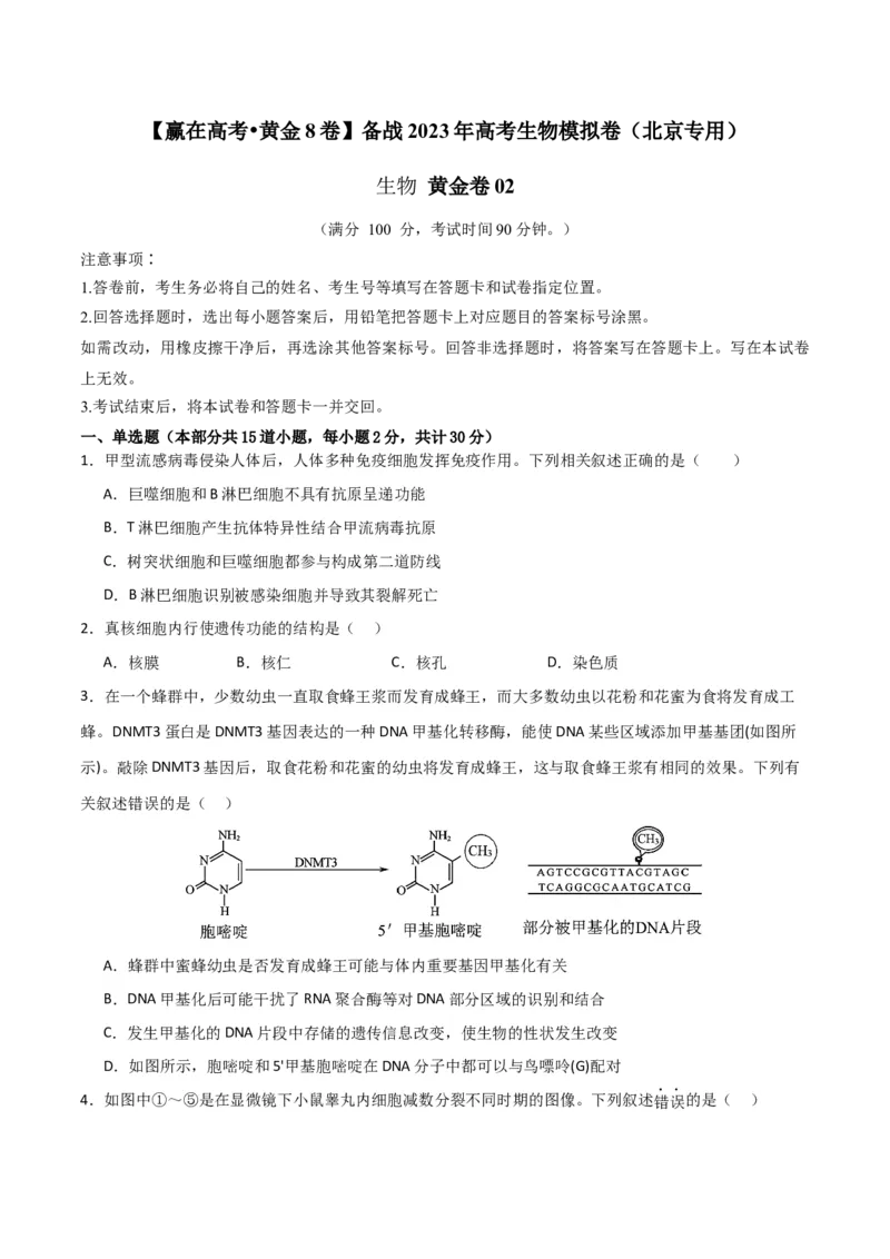 黄金卷02（考试版）-赢在高考&middot;黄金8卷备战2024年高考生物模拟卷（北京专用）_2024年新高考资料_4.2024高考模拟预测试卷