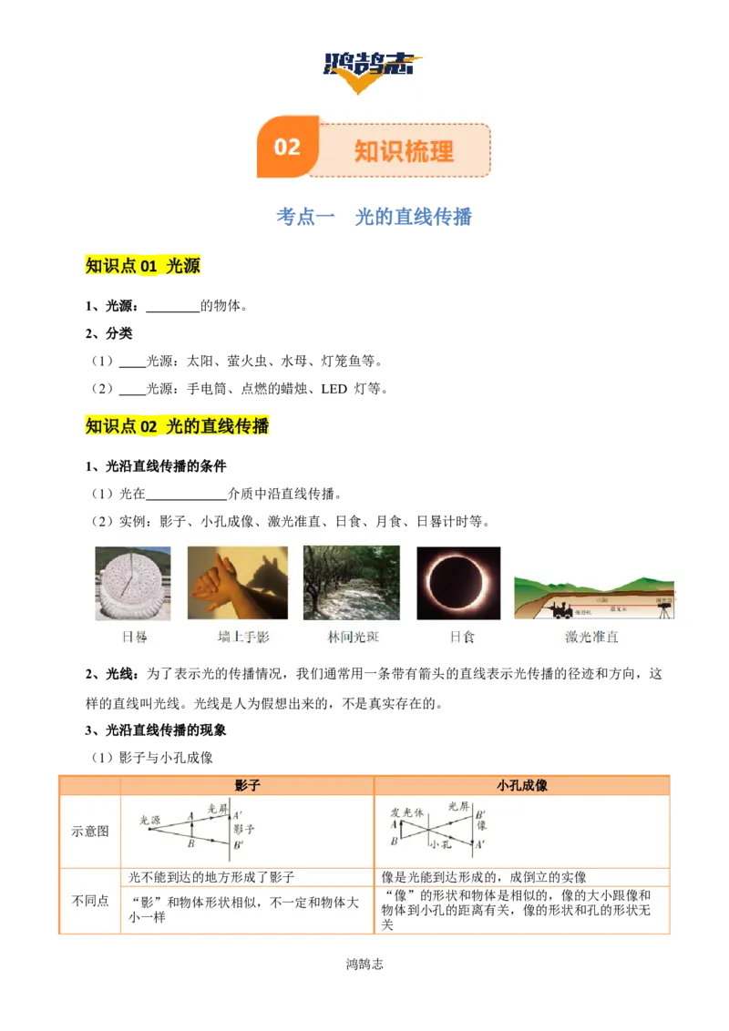 专题02光现象（5大模块知识清单+5个易混易错+3种方法技巧+典例真题精析）（原卷版）_8、物理总复习_物理一轮复习
