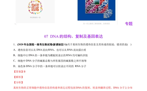 专题07DNA的结构、复制及基因表达-2020年高考真题和模拟题生物分项汇编（教师版含解析）_新高考复习资料_2022年新高考复习资料_2022年一轮复习最新版