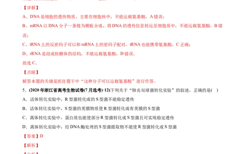 专题07DNA的结构、复制及基因表达-2020年高考真题和模拟题生物分项汇编（教师版含解析）_新高考复习资料_2022年新高考复习资料_2022年一轮复习最新版