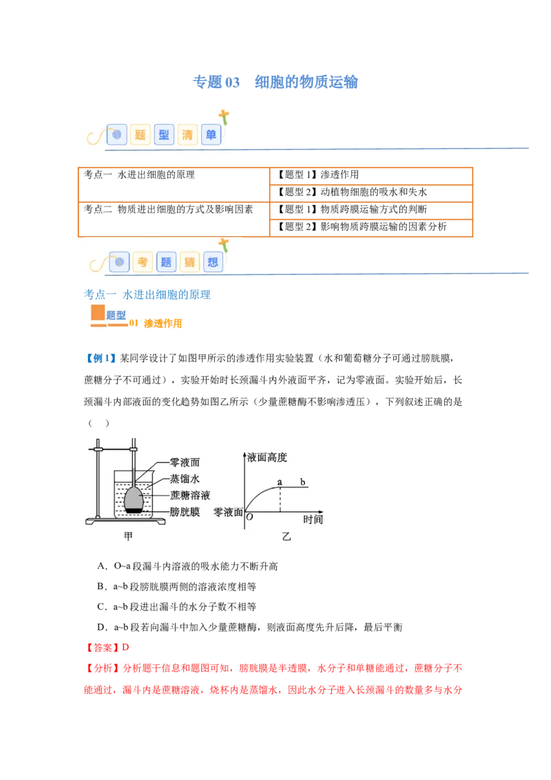 专题03细胞的物质运输（4大题型）（解析版）_2025年新高考资料_一轮复习_备战2025年高考生物一轮复习题型全覆盖（新高考通用）