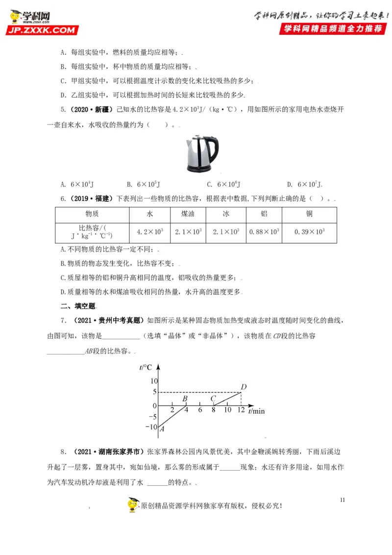 专题05内能及其应用（原卷版）_8、物理总复习_8.中考物理总复习_2022年中考复习资料_三年（2019-2021）中考真题物理分项汇编（全国通用）