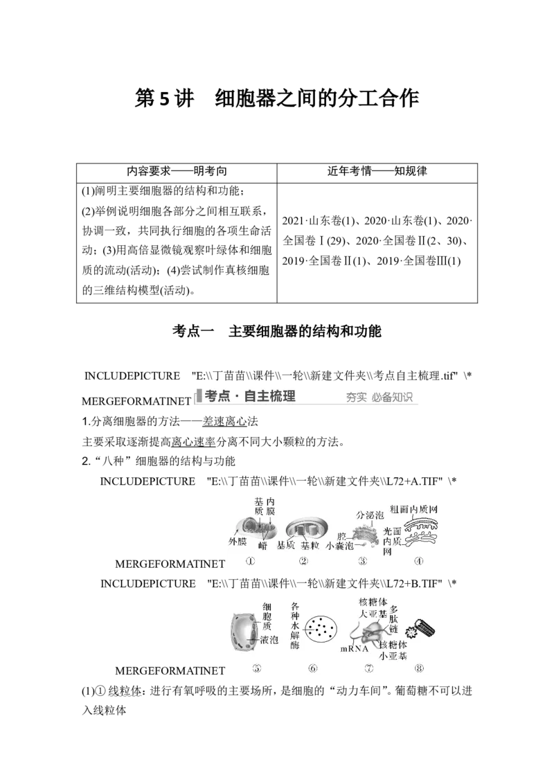 第5讲细胞器之间的分工合作_2024年新高考资料_1.2024一轮复习_2024年高考生物一轮复习讲义（新人教版）_另附1套Word版题库_必修1_第二单元细胞的基本结构与物质运输