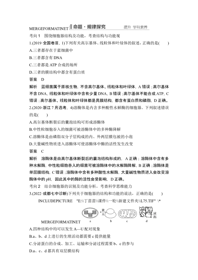 第5讲细胞器之间的分工合作_2024年新高考资料_1.2024一轮复习_2024年高考生物一轮复习讲义（新人教版）_另附1套Word版题库_必修1_第二单元细胞的基本结构与物质运输