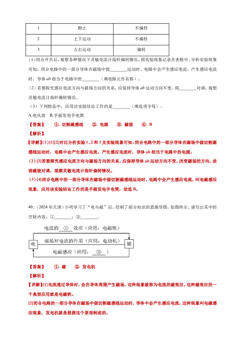 2024年中考物理分类汇编---电动机与发电机答案（含解析）_8、物理总复习_2025年中考复习资料_备考20252024年中考物理真题分类汇编（原卷版+解析版）_21、电动机与发电机