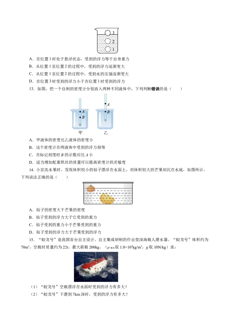 10.3物体的浮沉条件及应用（分层作业）原卷版_初物_八年级上下册+九年级全一册物理_八年级物理下册_分层作业（更新中）