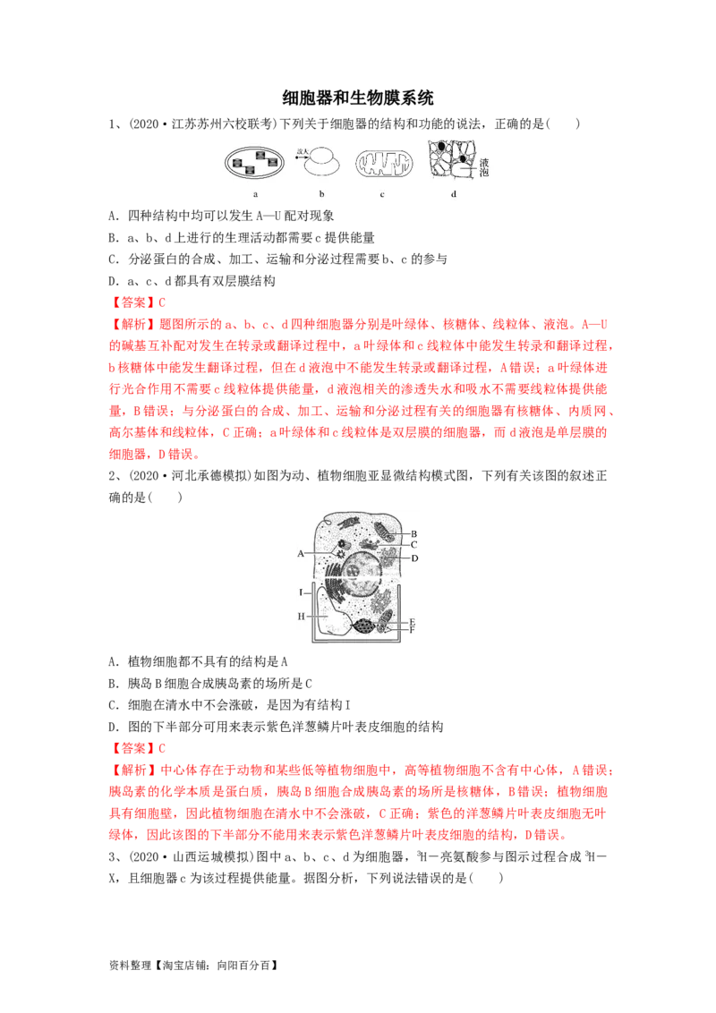 专题05细胞器和生物膜系统（精练）（解析版）_新高考复习资料_2024年新高考复习资料_一轮复习资料_完备战2024年高考生物一轮复习串讲精练（新高考专用）_精练_解析版