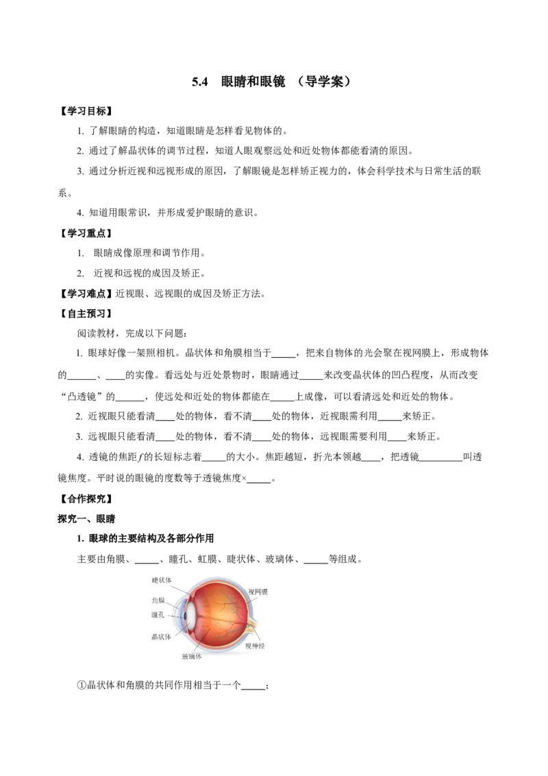 5.4眼睛和眼镜（导学案）-（人教版）学生版_初物_八年级上下册+九年级全一册物理_八年级物理上册_老课标资料_导学案