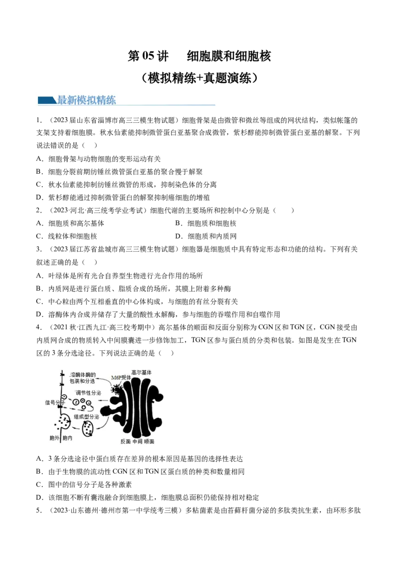 第6讲细胞质和生物膜系统（练习）（原卷版）_2024年新高考资料_1.2024一轮复习_2024年高考生物一轮复习讲练测（新教材新高考）