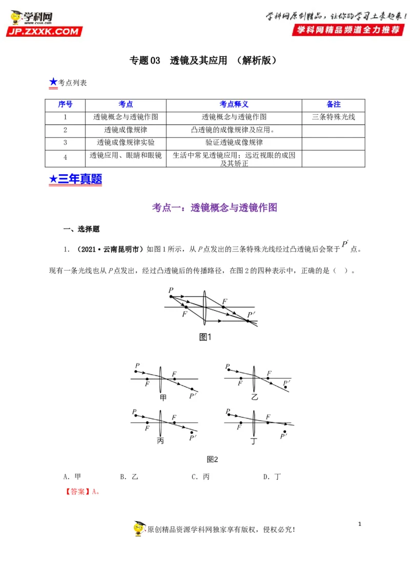 专题03透镜及其应用（解析版）_8、物理总复习_8.中考物理总复习_2022年中考复习资料_三年（2019-2021）中考真题物理分项汇编（全国通用）