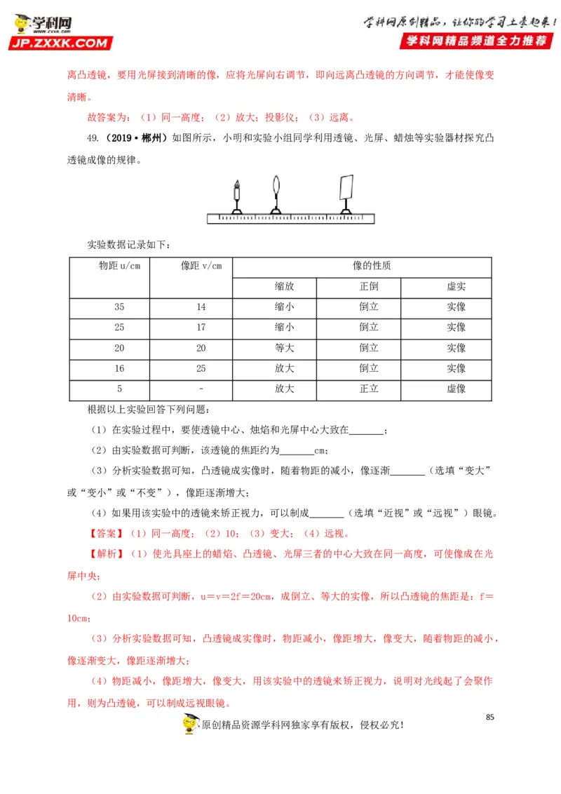 专题03透镜及其应用（解析版）_8、物理总复习_8.中考物理总复习_2022年中考复习资料_三年（2019-2021）中考真题物理分项汇编（全国通用）