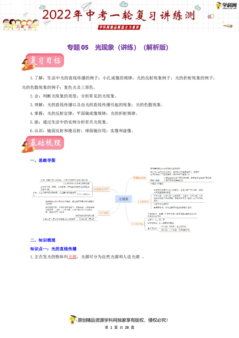 专题05光现象（讲练）（解析版）-2022年中考一轮复习讲练测_8、物理总复习_8.中考物理总复习_2022年中考复习资料_2022年中考物理一轮复习讲练测264201163