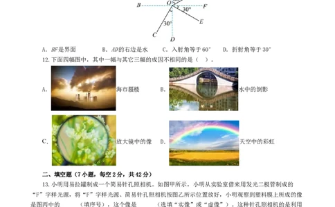 专题02光现象（测试）（原卷版）_8、物理总复习_2024年中考复习资料_一轮复习_课件+讲义+练习2024年中考物理一轮复习讲练测（全国通用）_配套练习（原卷版+解析版）