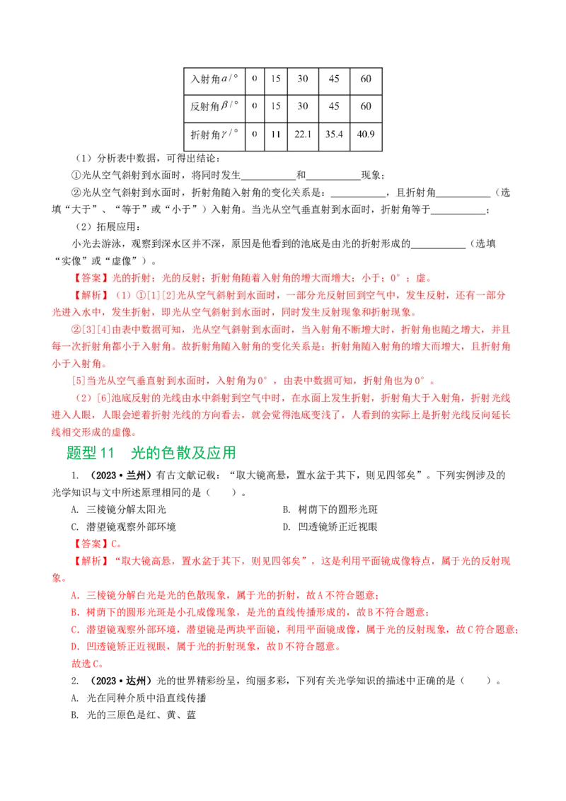 专题02光现象（练习）（解析版）_8、物理总复习_2024年中考复习资料_一轮复习_课件+讲义+练习2024年中考物理一轮复习讲练测（全国通用）_配套练习（原卷版+解析版）