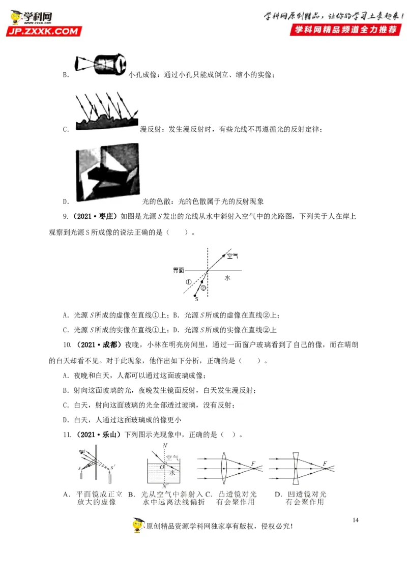 专题02光现象（原卷版）_8、物理总复习_8.中考物理总复习_2022年中考复习资料_三年（2019-2021）中考真题物理分项汇编（全国通用）