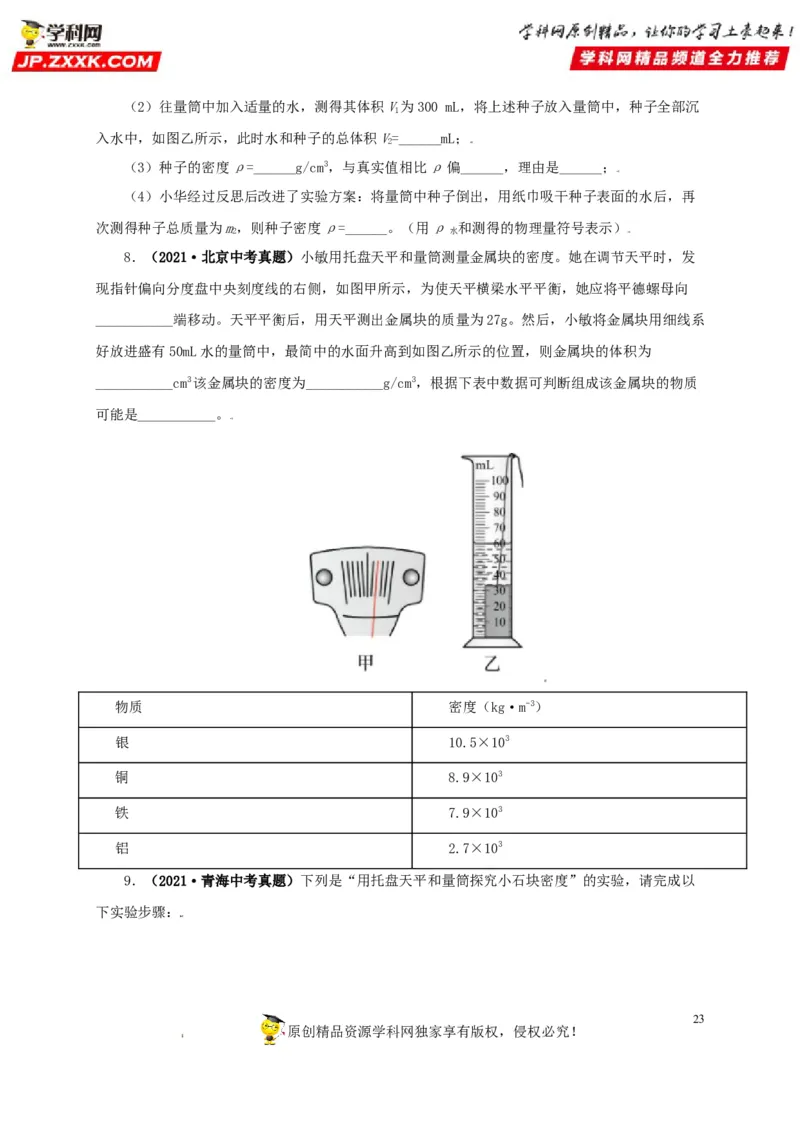专题06质量和密度（原卷版）_8、物理总复习_8.中考物理总复习_2022年中考复习资料_三年（2019-2021）中考真题物理分项汇编（全国通用）