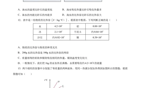 13.3比热容（分层作业）-（人教版）原卷版_初物_八年级上下册+九年级全一册物理_九年级物理全一册_分层作业