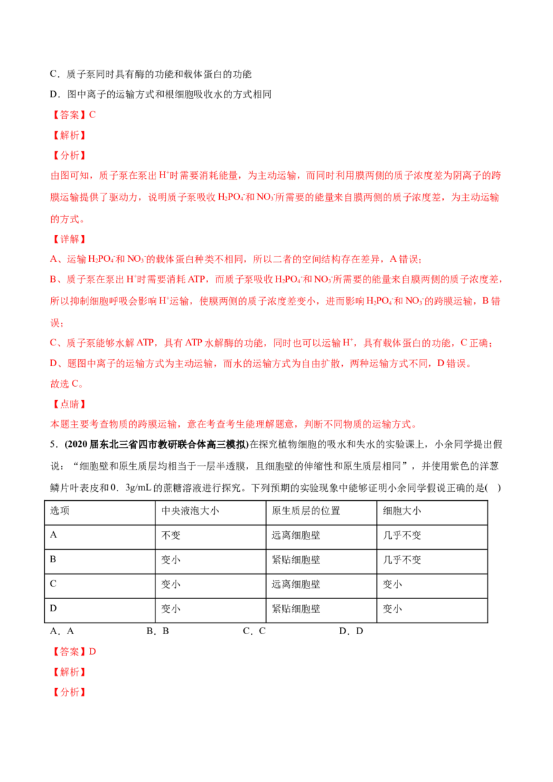 专题02物质进出细胞、酶和ATP-2020年高考真题和模拟题生物分项汇编（教师版含解析）_新高考复习资料_2022年新高考复习资料_2022年一轮复习最新版