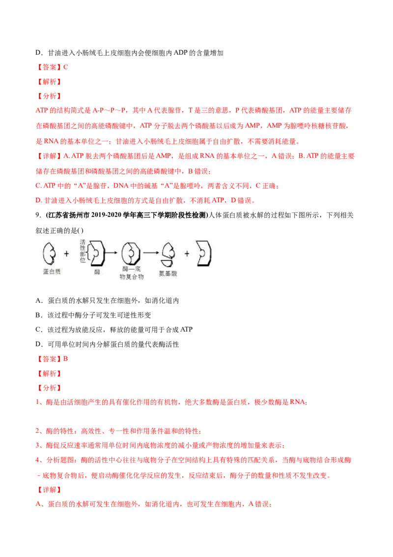 专题02物质进出细胞、酶和ATP-2020年高考真题和模拟题生物分项汇编（教师版含解析）_新高考复习资料_2022年新高考复习资料_2022年一轮复习最新版