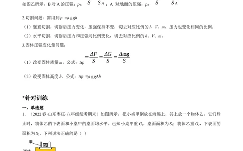 专题06压强之固体压强（原卷版）_8、物理总复习_8.中考物理总复习_2023年中考复习资料_二轮复习_备战2023年中考物理二轮四大模块针对集训（全国通用）_模块一力学