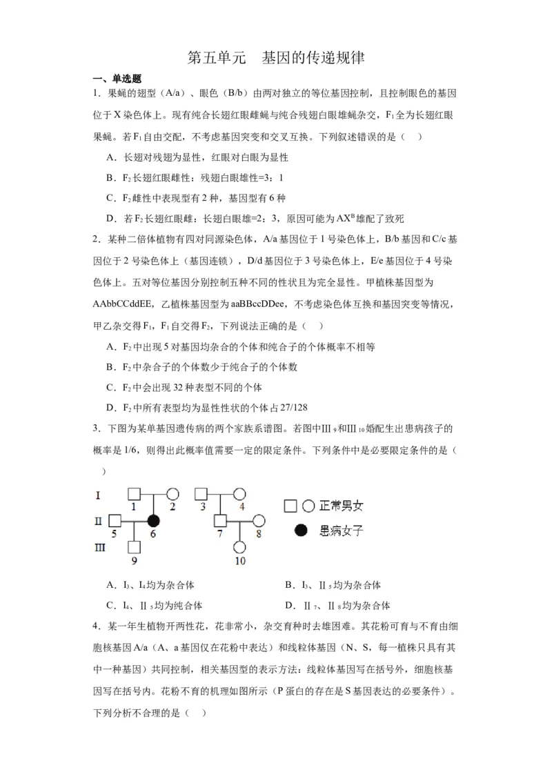 第五单元基因的传递规律（测试卷）（原卷版)_2024年新高考资料_3.2024专项复习_备战2024年高考生物一轮复习重难点专项突破