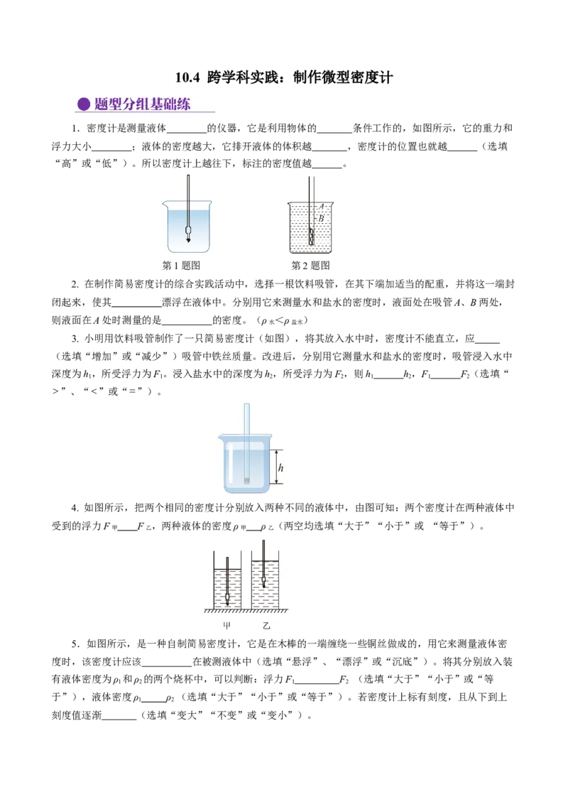 10.4跨学科实践：制作微型密度计（分层作业）原卷版_初物_八年级上下册+九年级全一册物理_八年级物理下册_分层作业（更新中）