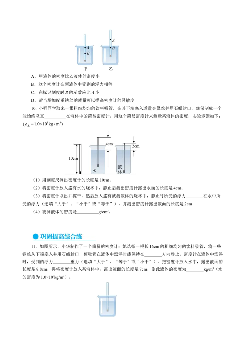 10.4跨学科实践：制作微型密度计（分层作业）原卷版_初物_八年级上下册+九年级全一册物理_八年级物理下册_分层作业（更新中）