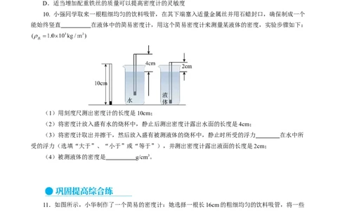 10.4跨学科实践：制作微型密度计（分层作业）原卷版_初物_八年级上下册+九年级全一册物理_八年级物理下册_分层作业（更新中）