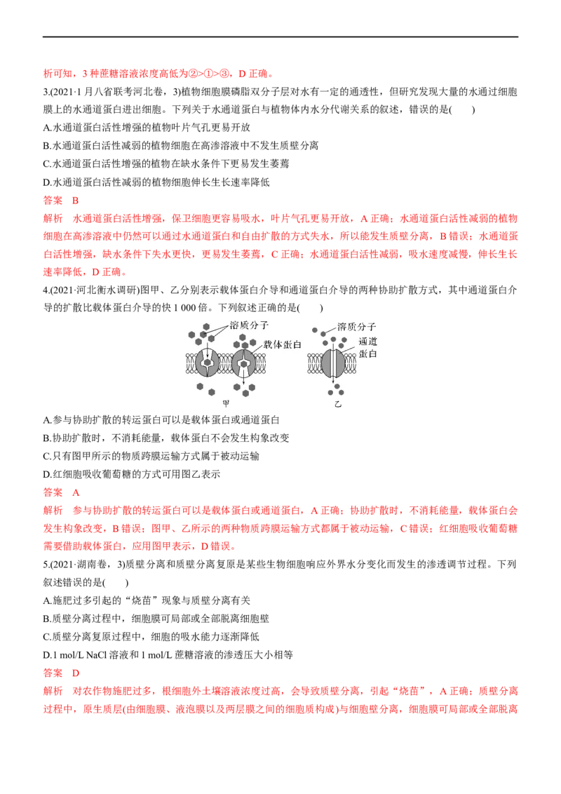 专题03细胞的物质输入和输出（测试卷）-2023年高考生物二轮复习讲练测（全国通用）（解析版）_通用版（老高考）复习资料_2023年复习资料_二轮复习