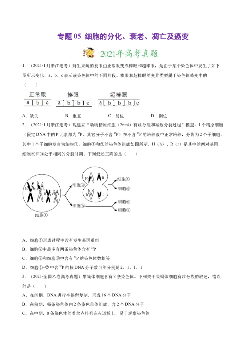 专题05细胞的分化、衰老、凋亡及癌变-2021年高考真题和模拟题生物分项汇编（原卷版）_新高考复习资料_2022年新高考复习资料_2021年高考真题和模拟题生物分项汇编7.30更新