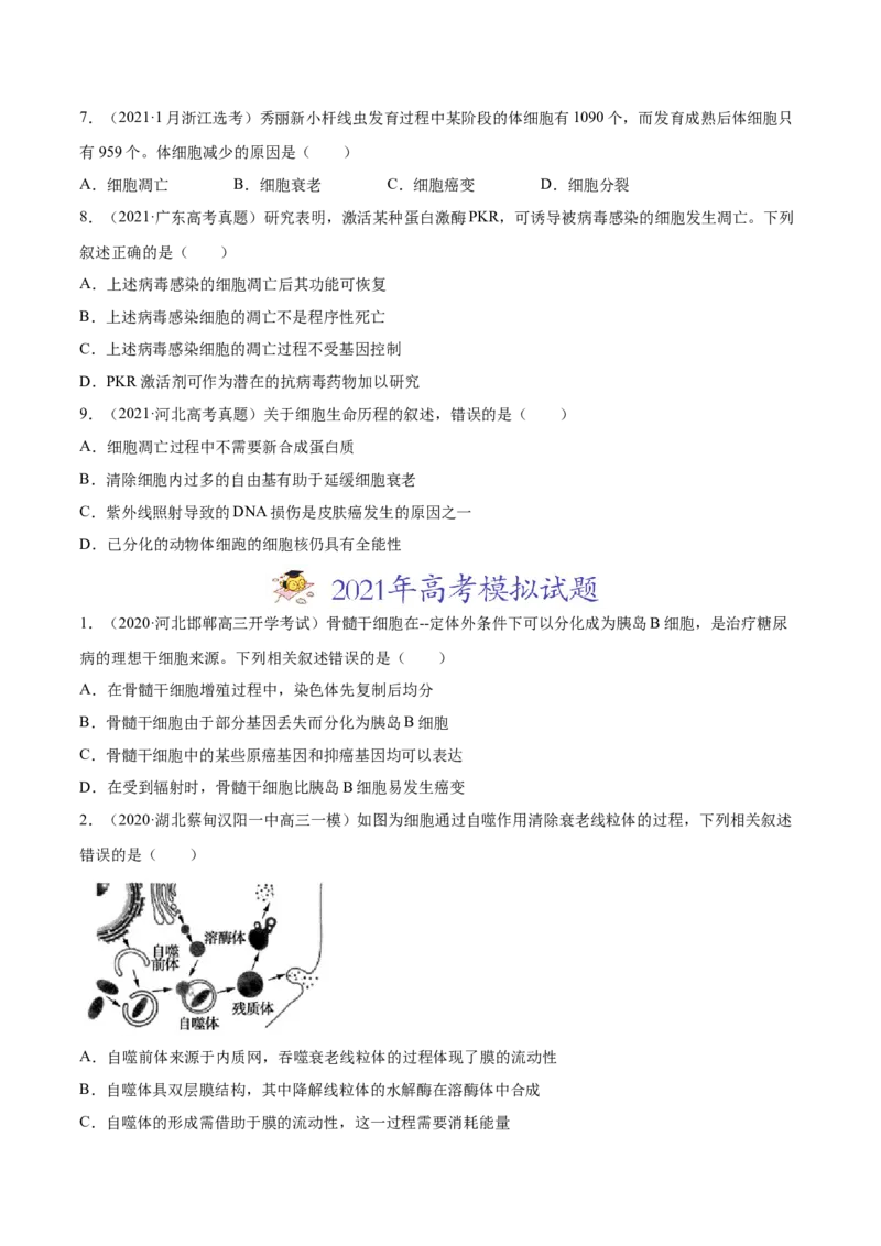 专题05细胞的分化、衰老、凋亡及癌变-2021年高考真题和模拟题生物分项汇编（原卷版）_新高考复习资料_2022年新高考复习资料_2021年高考真题和模拟题生物分项汇编7.30更新