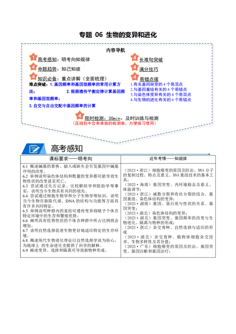 专题06生物的变异和进化（原卷版）_新高考复习资料_2024年新高考复习资料_❤专项复习资料_2024年高考生物热点&middot;重点&middot;难点专练（新高考专用）